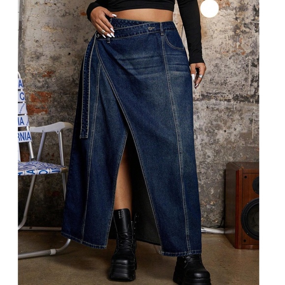 Plus Dark Wash High Waisted Side Tie  Denim Jean Maxi Skirt - Picture 1 of 4